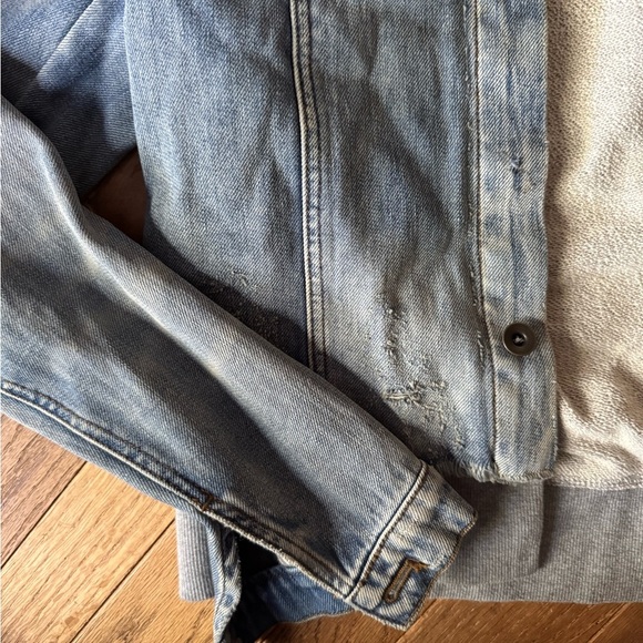 Free People Light Blue Distressed Jean Jacket with Gray Hoodie - Picture 3 of 4